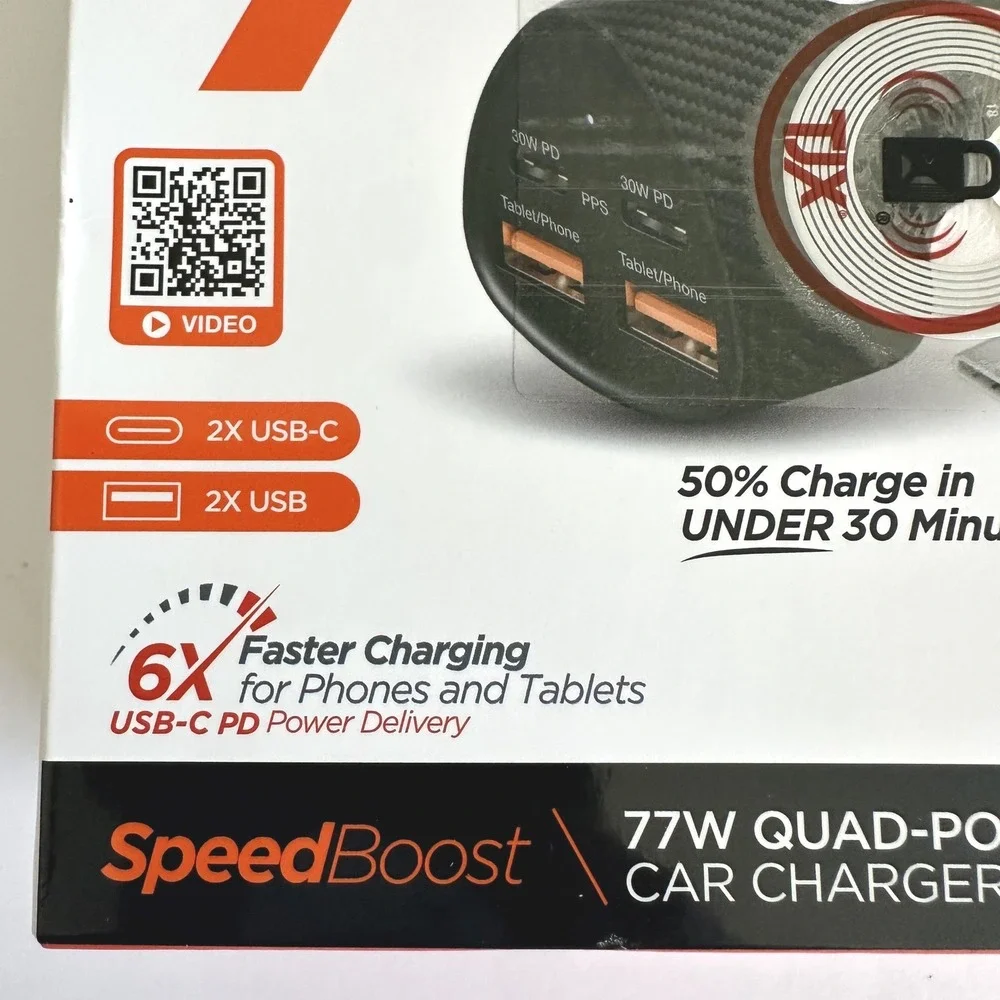 HyperGear SpeedBoost 77W Quad-Port Car Charger Kit 2x USB-C 2x USB 4ft Cable Blk